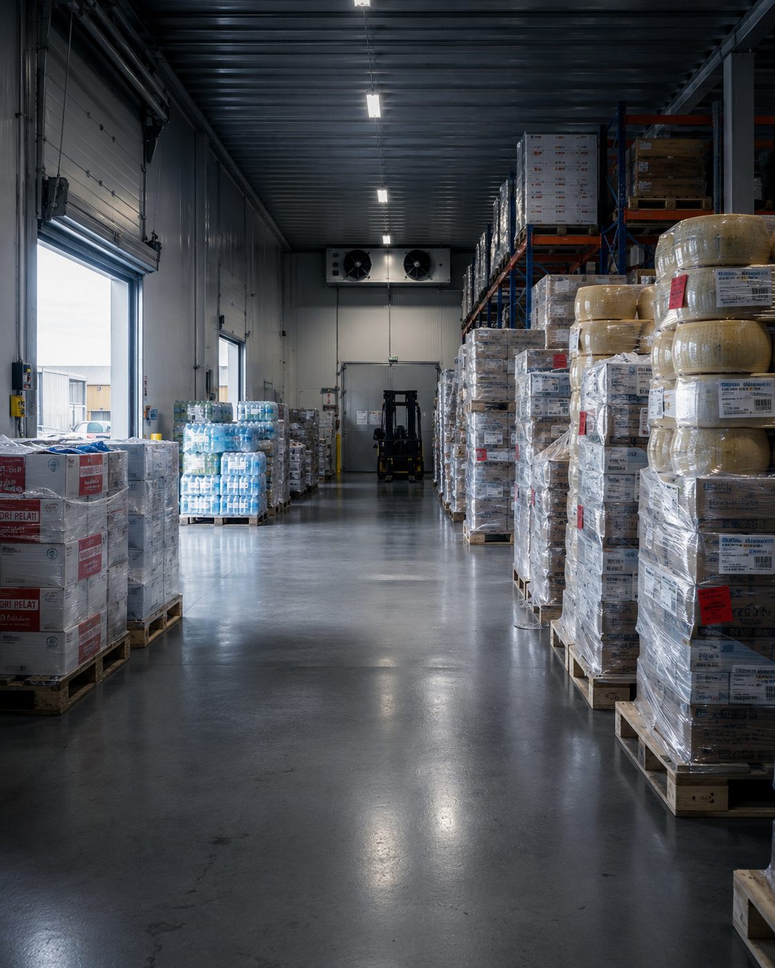 Magazzino di distribuzione alimentare: bancali di pelati, formaggi, casse d'acqua