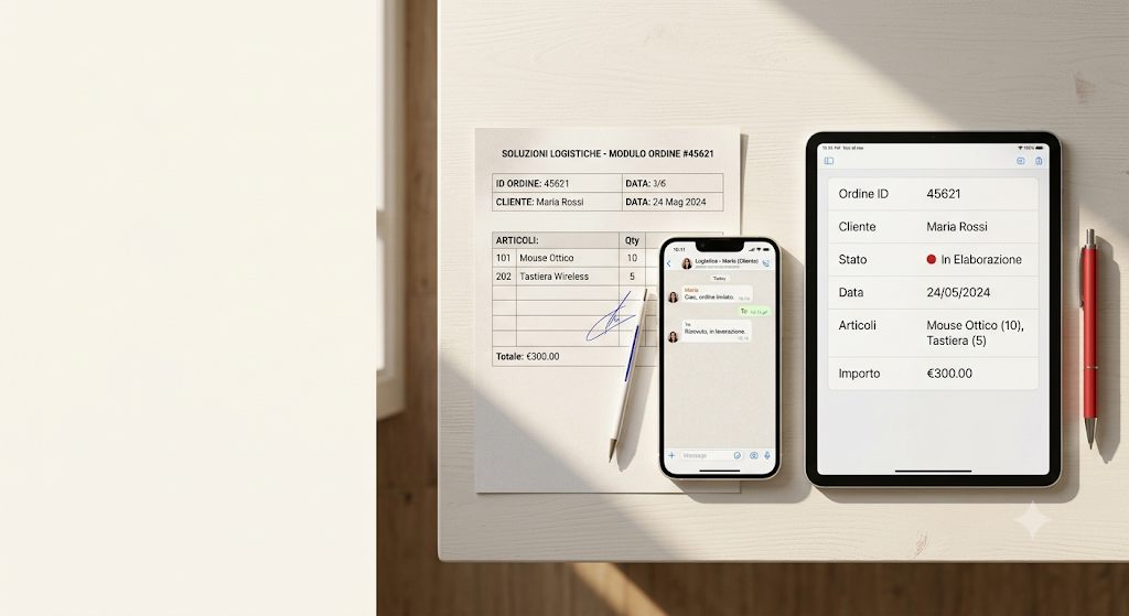 Il foglio d'ordine firmato, la chat sul telefono e l'ordine registrato sul tablet