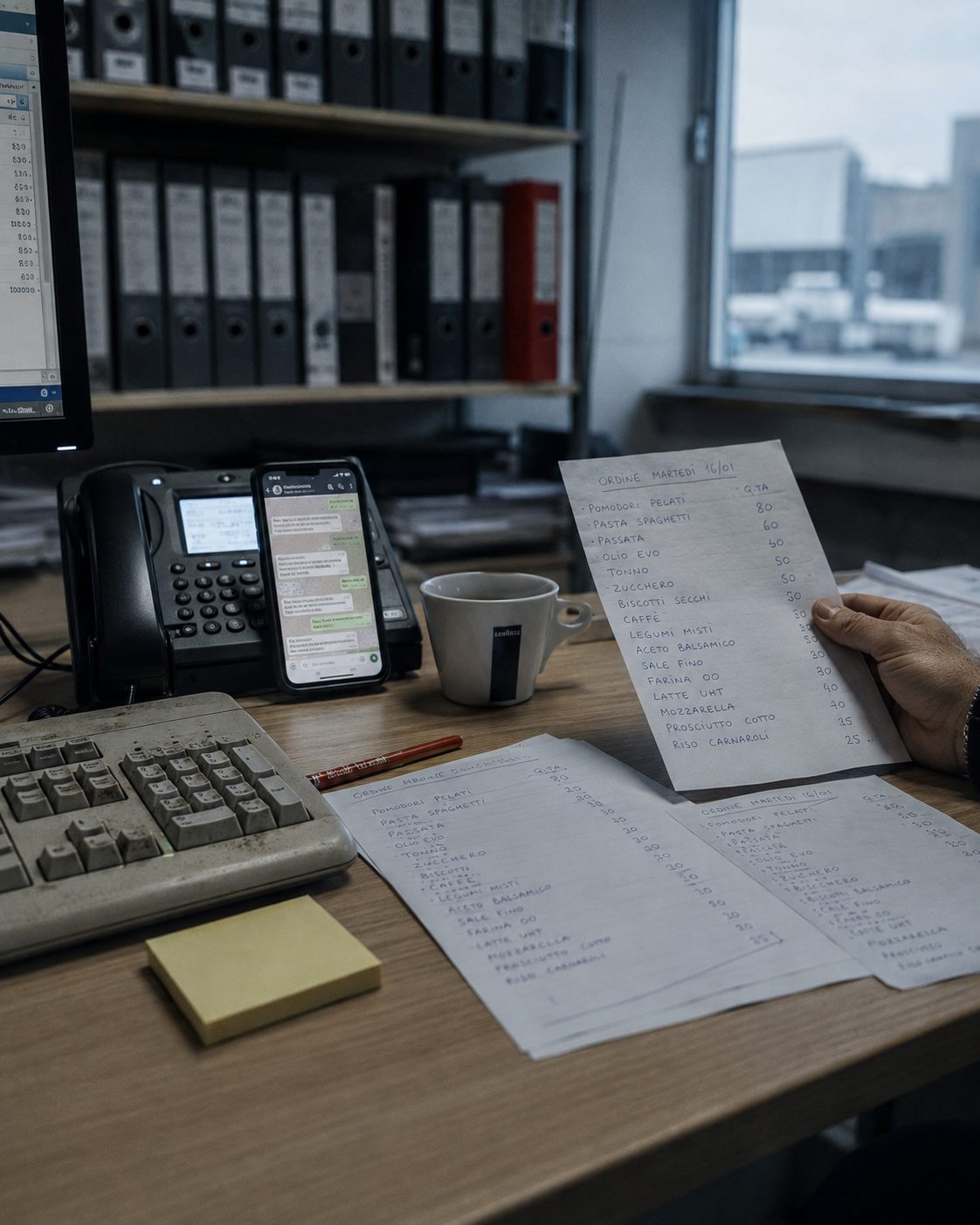 Ufficio ordini alle sette del mattino: fogli scritti a mano, telefono con la chat aperta, tastiera